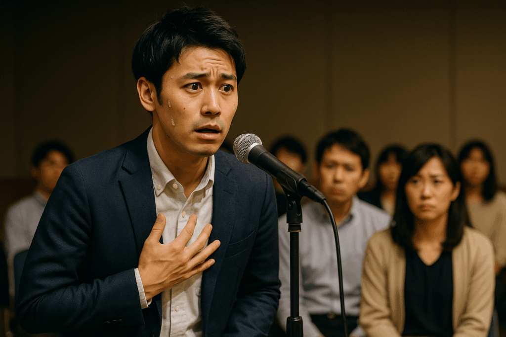 講演会でマイクを前に緊張し、声が震えそうになり額に汗を浮かべる男性。聴衆が心配そうに見守っている