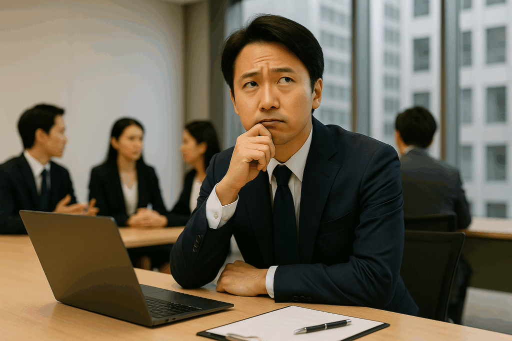会議中に質問の仕方を考え込むビジネスパーソン｜質問力の重要性を表すイメージ
