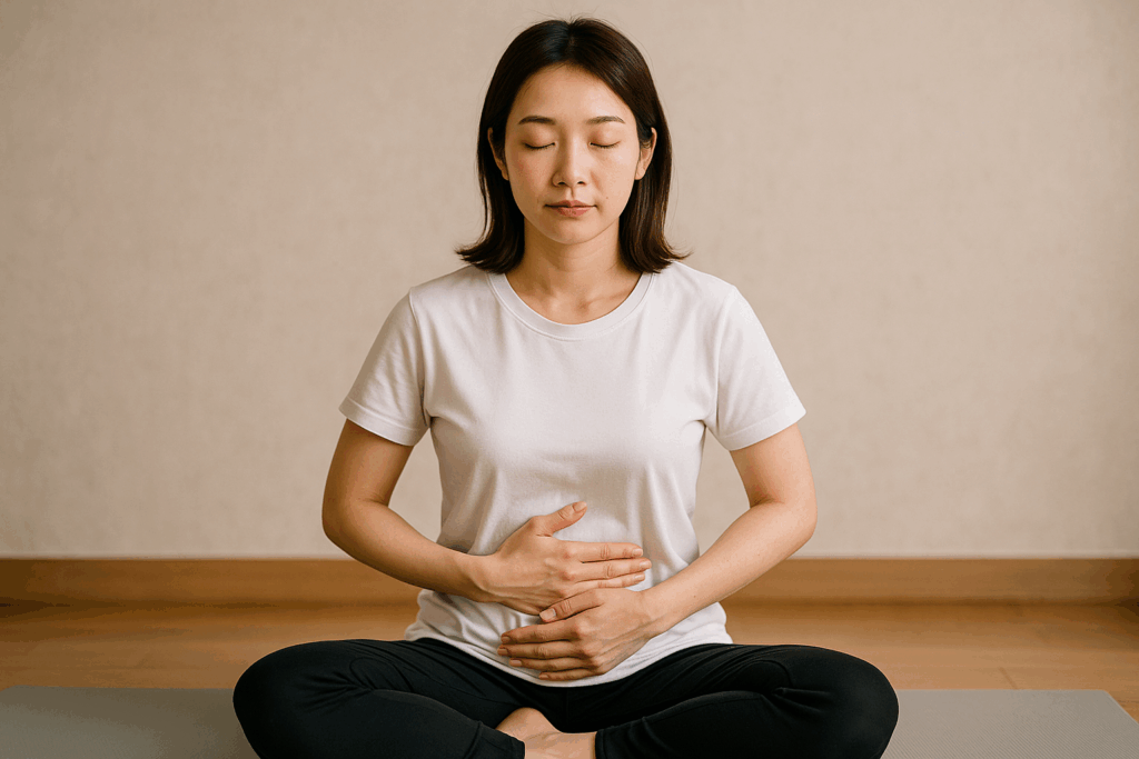 ヨガのように床に胡坐で座り、両手をお腹に添えて目を閉じ、呼吸を整えて声の震えを防ぐ準備をする女性