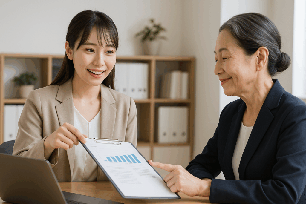 女性が資料を見せながら上司に説明している。上司は彼女の説明力に信頼を寄せる表情をしている。