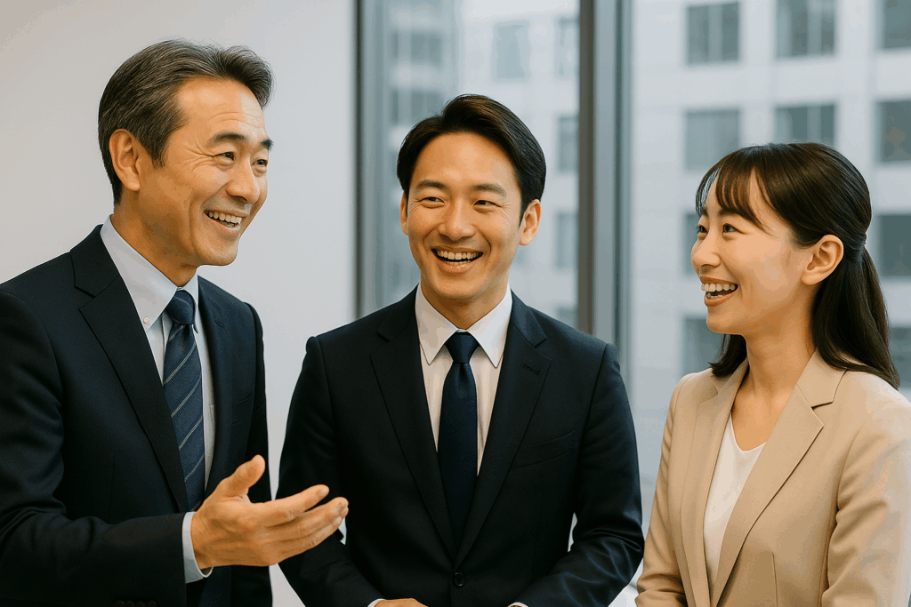 上司や同僚と笑顔で会話が弾んでいるビジネスシーン|質問力を鍛えるメリット