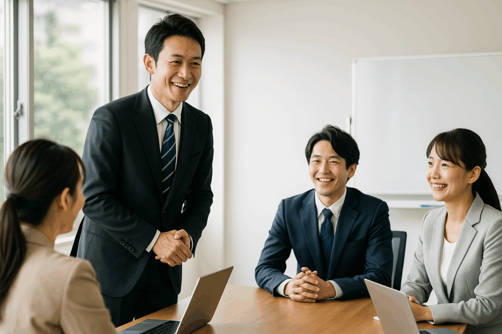 新しい職場で自己紹介をする日本人ビジネスパーソン。異動や初対面の場面を想定