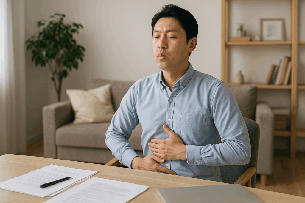 背筋を伸ばし胸を開きながら、緊張による声の震えを抑える呼吸法を実践しているビジネスパーソンの姿