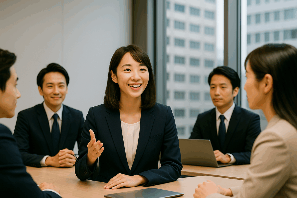 自信を持って発言する若手社員のプレゼンシーン|質問力が高い人の特徴