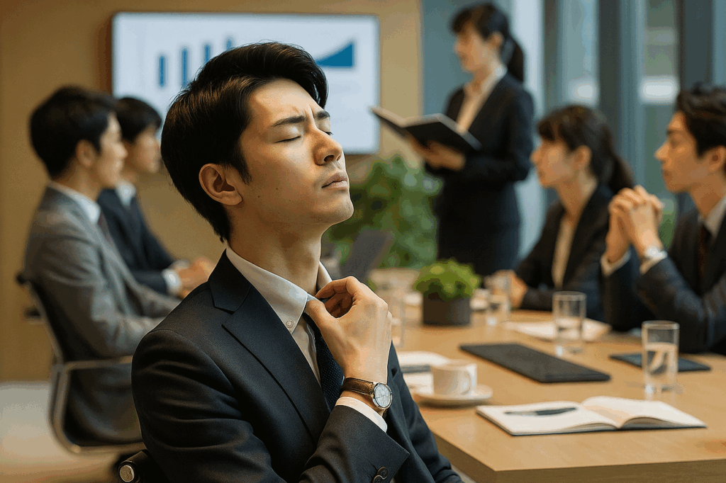 会議中、声が震えそうな緊張を抱えつつも姿勢を正し呼吸で立て直そうとしている男性