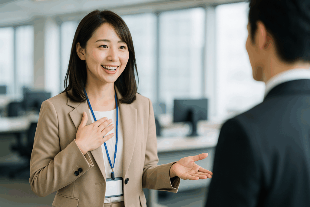 女性社員がオフィスで自己紹介をしている様子。名前や経歴など基本項目をの伝えている。