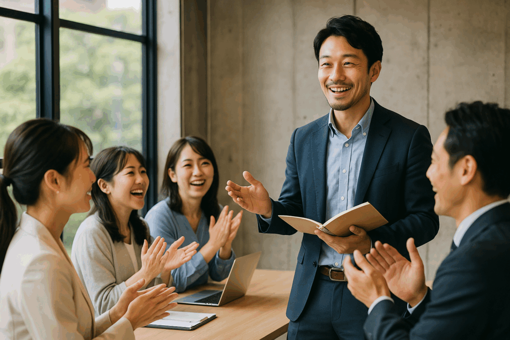 男性社員が自己紹介を語り、周囲の同僚が感心して聞き入るビジネスシーン