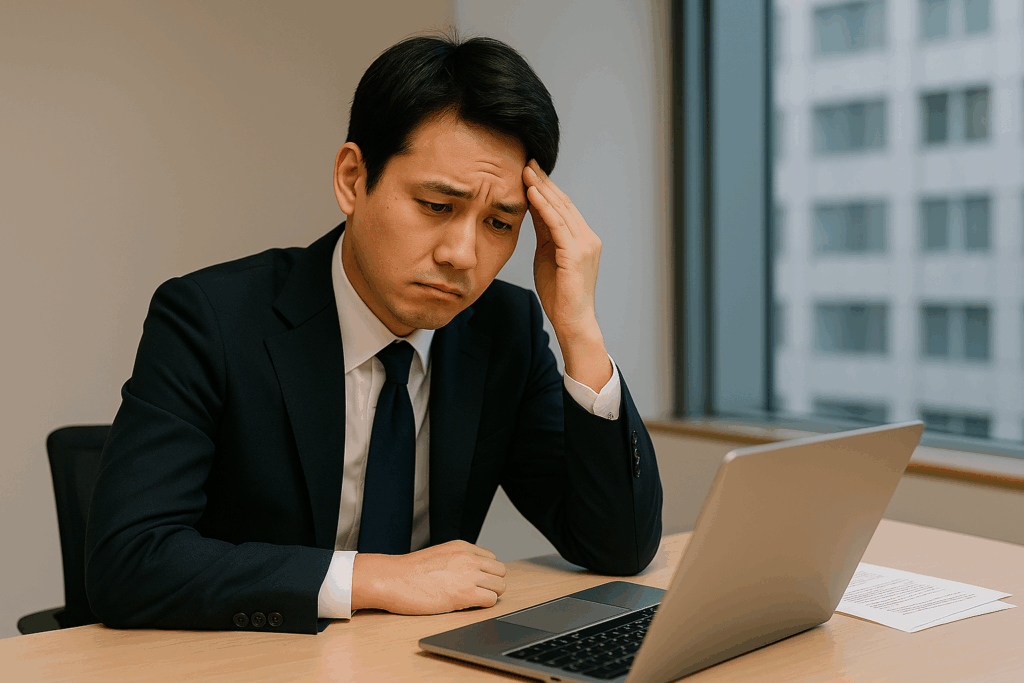 困って黙り込むスーツ姿の会社員|質問力が低い人にありがちな失敗例