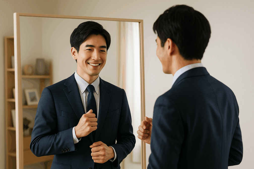 自宅で鏡の前に立ち、会議の発表を想定して声の震えを克服するために微笑みながらリハーサルしている男性