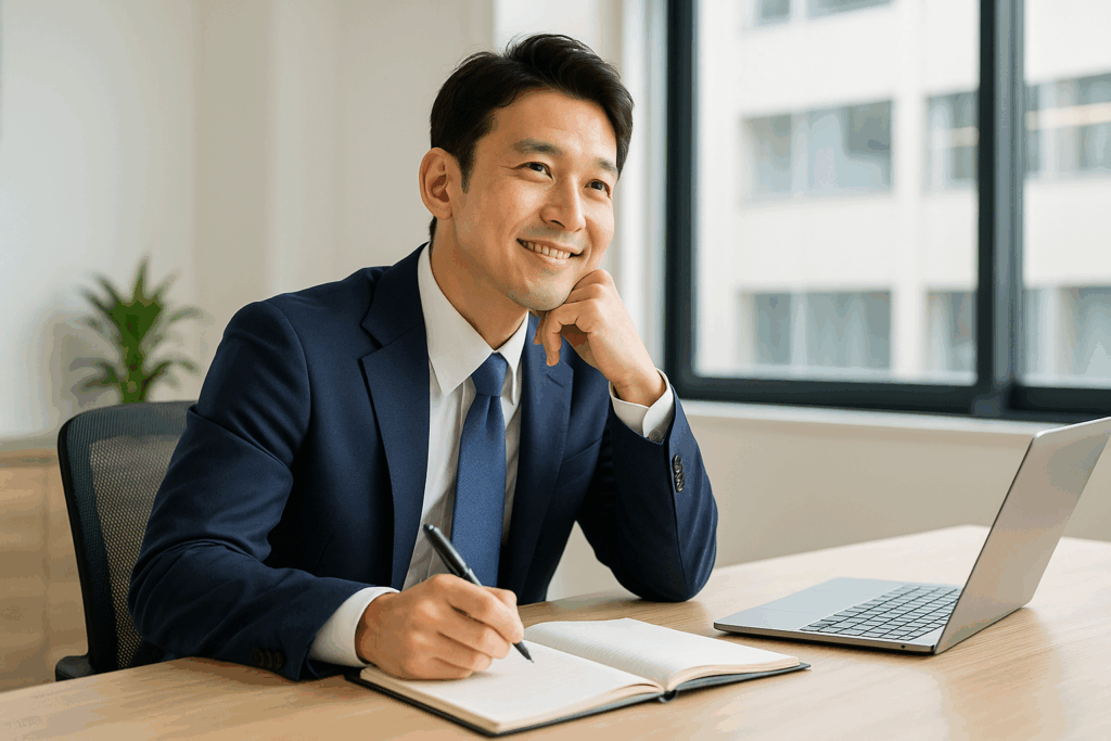 男性がノートにメモをとりながら、説明力のトレーニングで学んだことを考えて微笑んでいる。