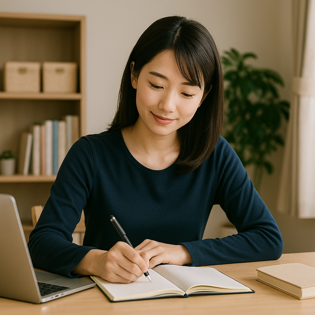 自宅のデスクで女性社員がノートを取りながら勉強している様子|質問力を伸ばす練習方法