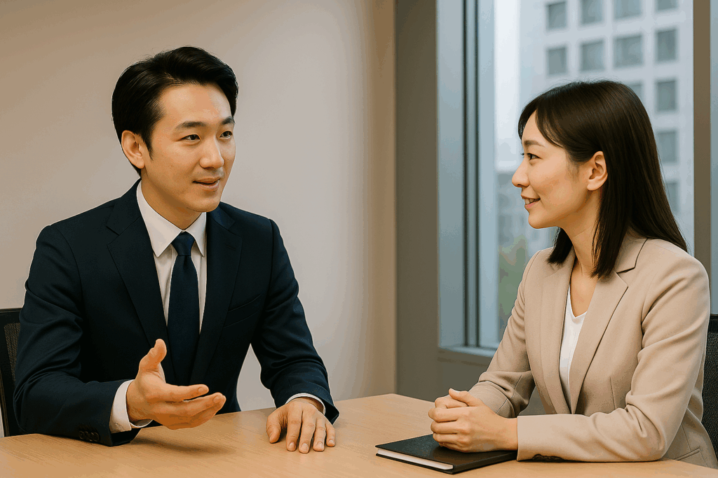 ビジネスパーソン2人が面談で話している様子|質問の種類と活用例