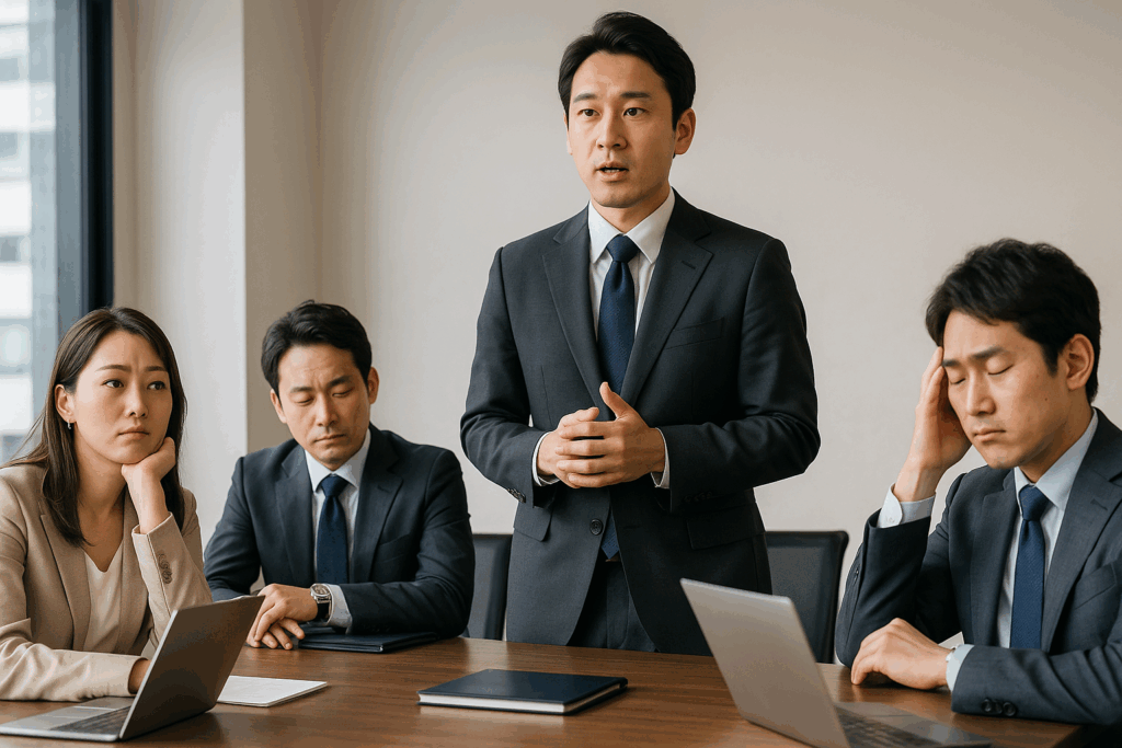 長すぎる自己紹介で周囲が退屈しているビジネスミーティングの場面
