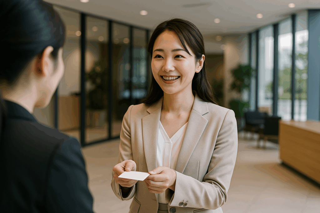 取引先の受付で女性社員が名刺交換をしながら自己紹介しているビジネスシーン