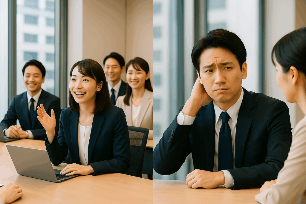 左側に会議で盛り上がる場面、右側に困った表情の発言者|良い質問と悪い質問の違い