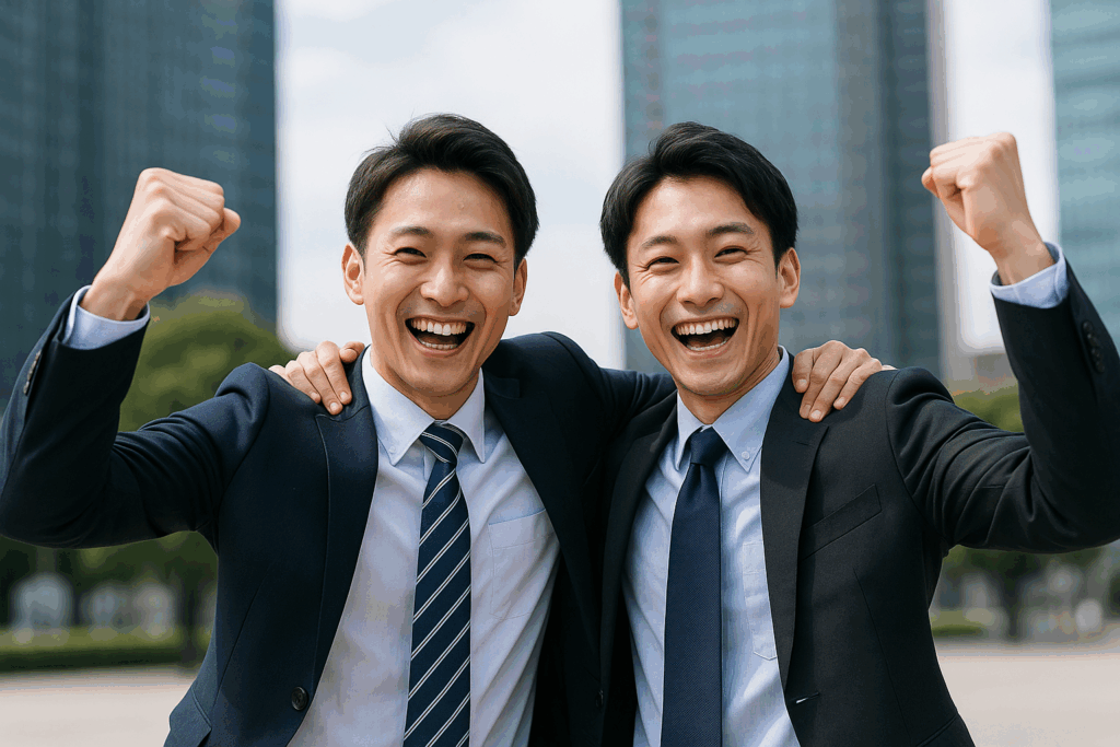 若手ビジネスマン2人が屋外で肩を組み、ガッツポーズをして信頼関係の成功を表現
