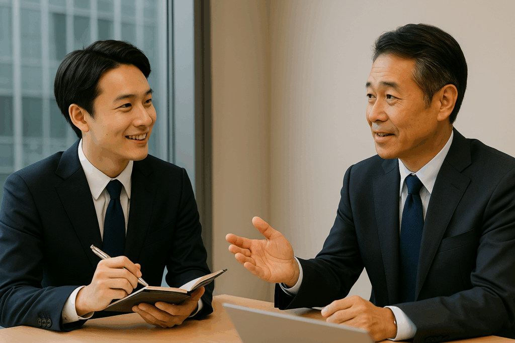 若手社員がノートを取りながら上司に質問している様子|質問力を高めるコツ