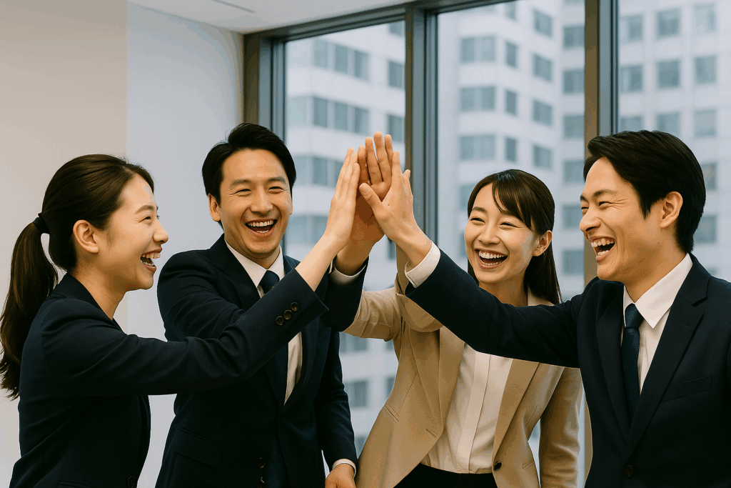 笑顔でハイタッチする社員たち|質問力向上で成果が出た喜びの瞬間