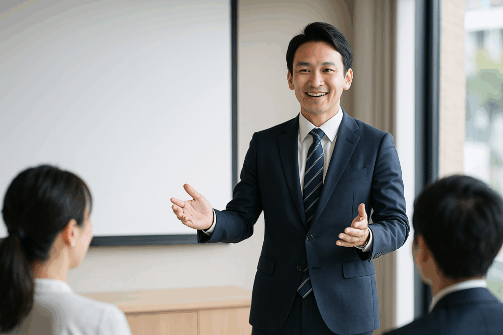 プレゼンで聴き手を惹きつける話し方のコツを実践する男性講師の姿