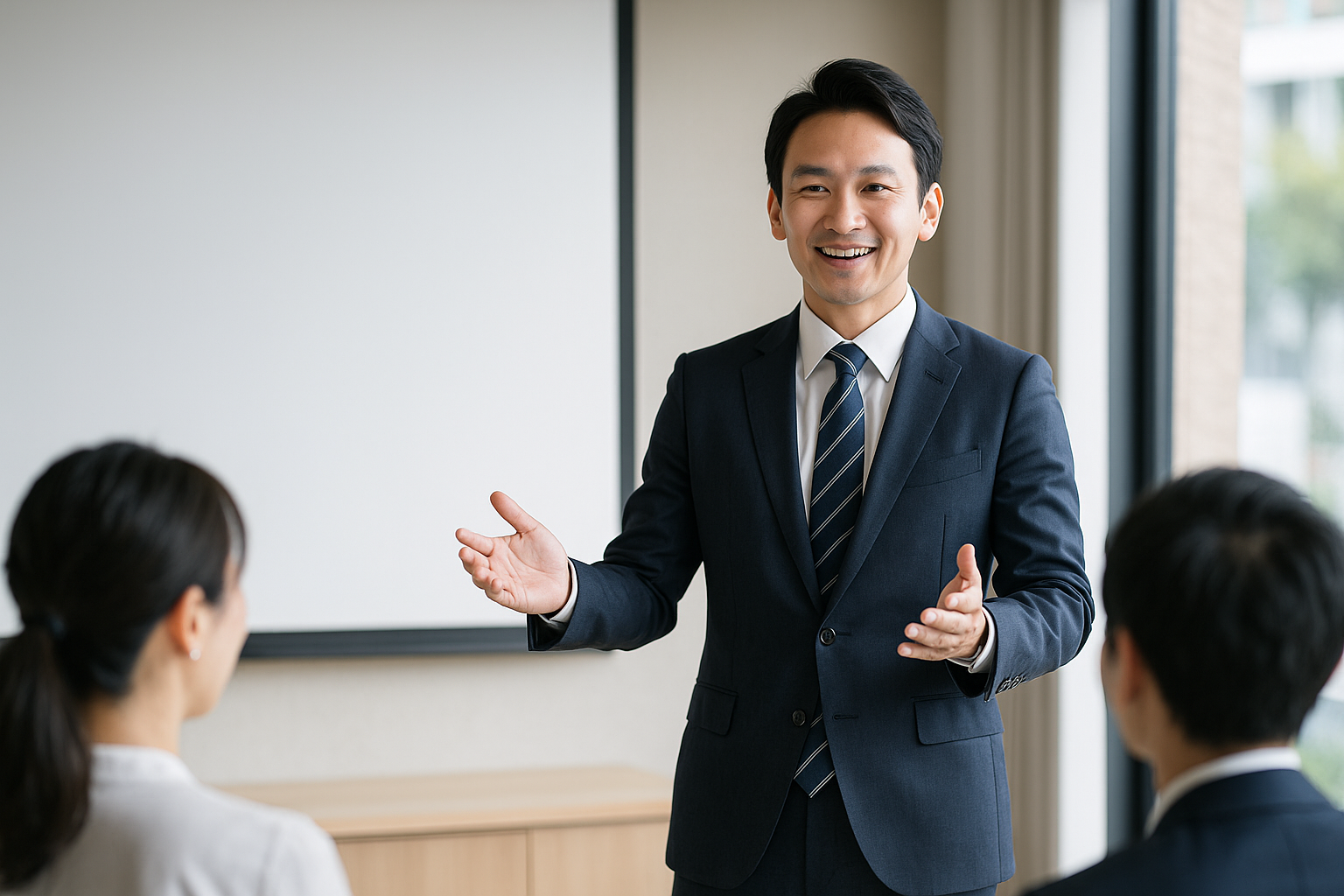 プレゼンで聴き手を惹きつける話し方のコツを実践する男性講師の姿