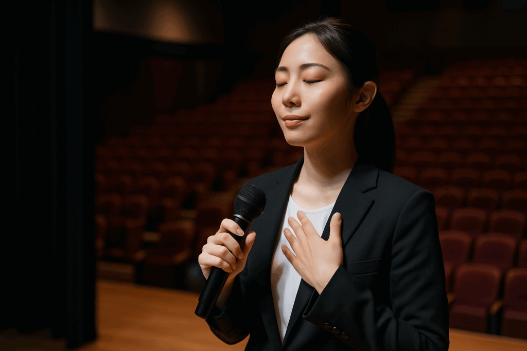 レゼン本番での緊張を深呼吸と姿勢で乗り越える女性スピーカー