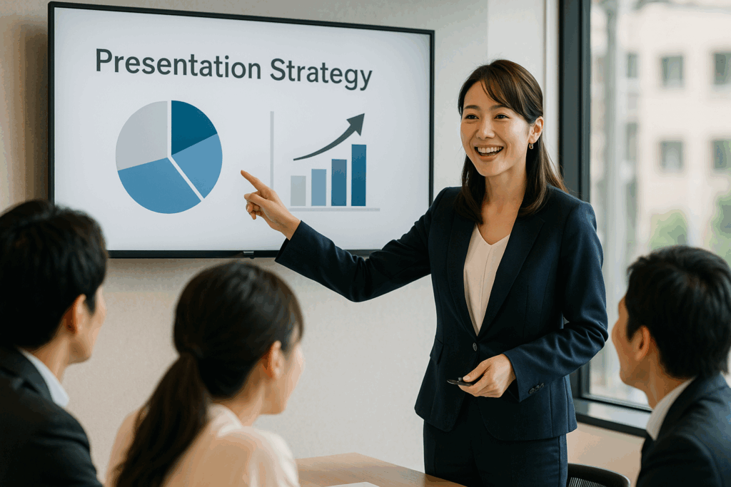 聴き手を惹きつけるプレゼンの話し方と表現方法を実践する女性