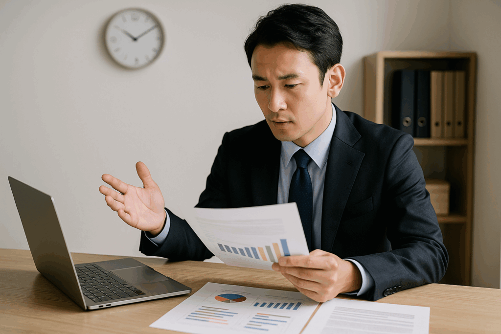 プレゼン成功のためにデスクで資料を手にし、入念に準備とリハーサルを行うウーマンビジネスマン