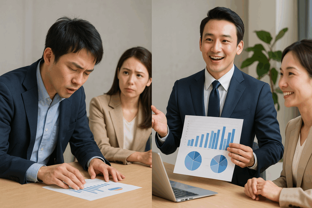 プレゼンの成果を決めるのは内容ではなく話し方の違いを示すイメージ