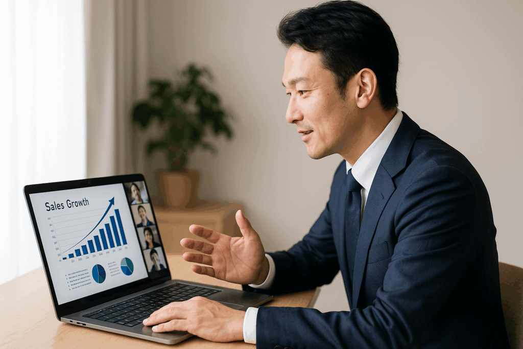 ノートパソコンの画面を見ながらオンライン会議でプレゼンをするビジネスマン。