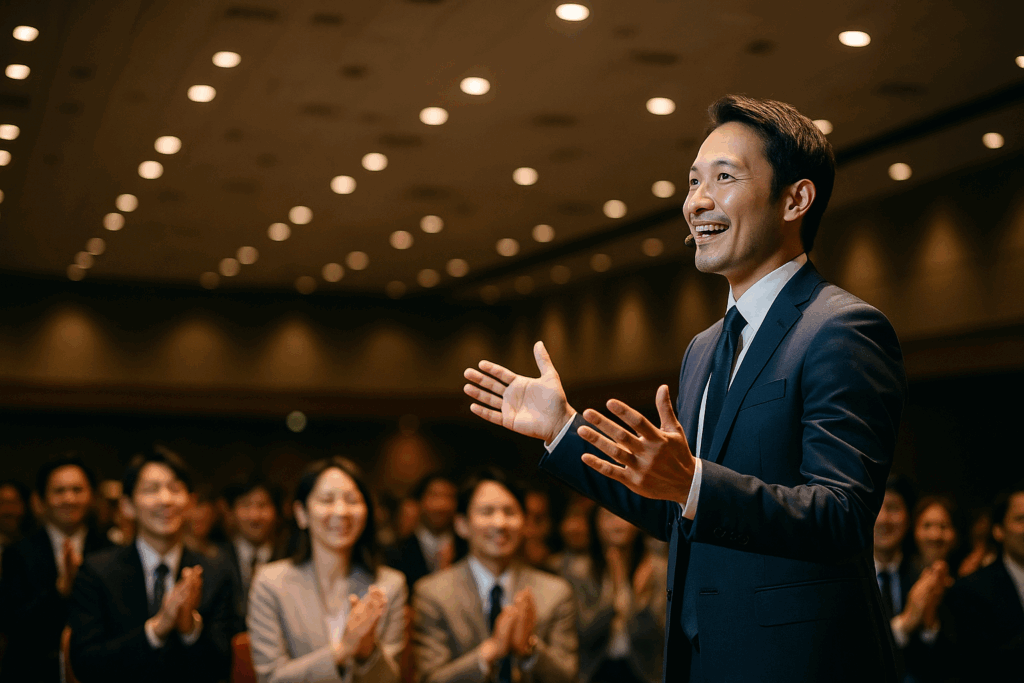 伝わる話し方で聴き手の心を動かし、プレゼンを成功させた男性。背景では大勢の聴衆が拍手している。