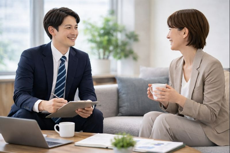 落ち着いた雰囲気の中で対話しながら、相手の話を整理して受け止めるビジネスシーン。