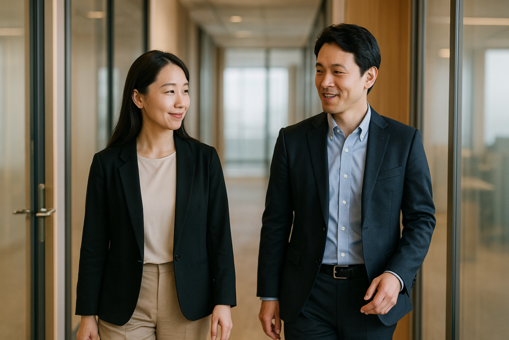 穏やかな表情で並んで歩く日本人ビジネスパートナーが、共感から信頼へつながる傾聴のゴールを表現