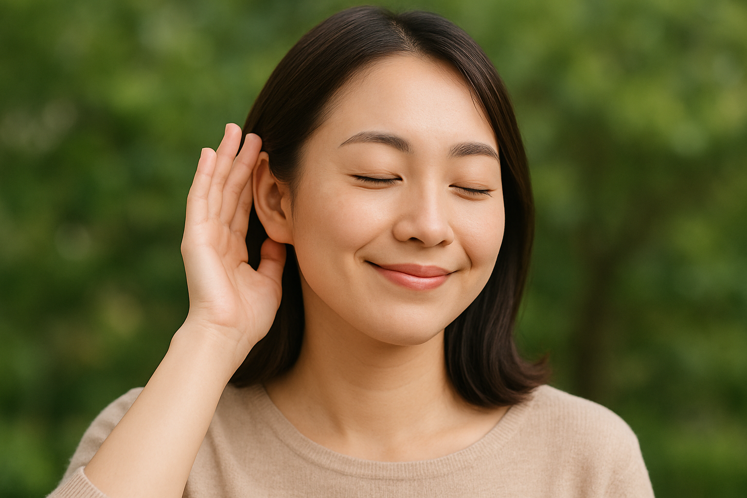 耳を澄まして相手の声を傾聴する女性