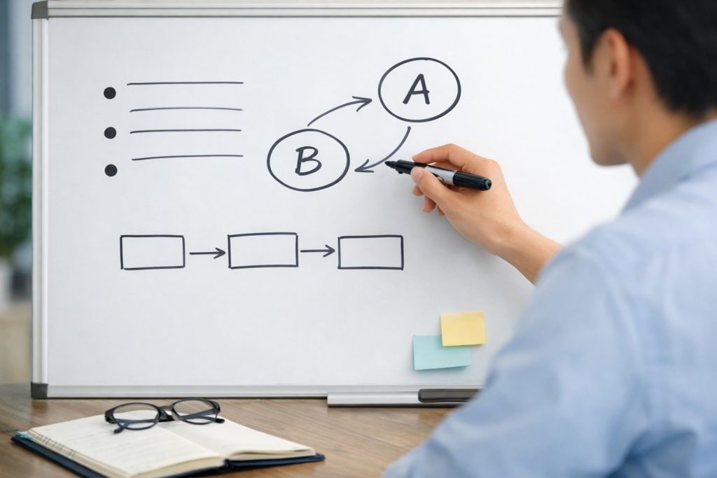 ホワイトボードに図を書きながら、情報の流れと要点を整理して説明するビジネスシーン。