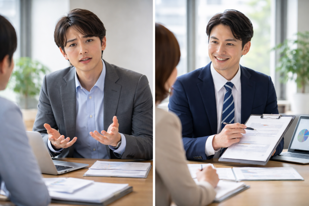 同じ打ち合わせでも、伝え方の違いによって相手の反応が変わる様子を対比したイメージ。