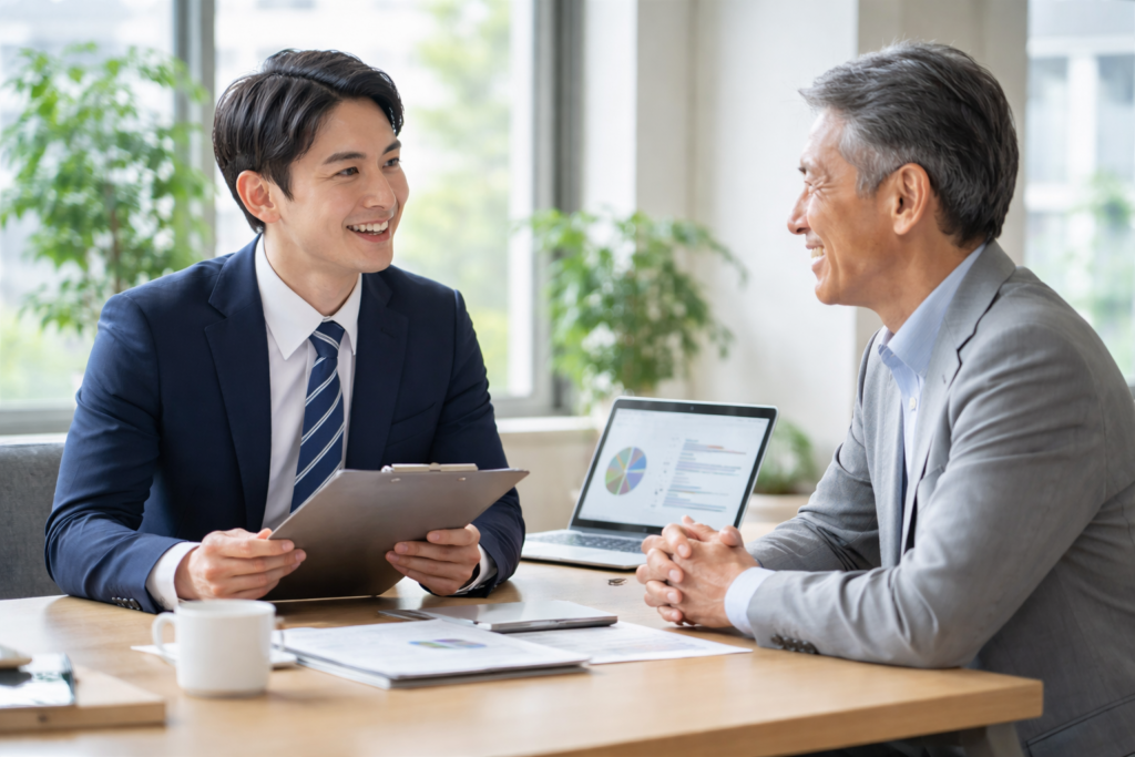 上司と向かい合い、資料を使って簡潔に説明する場面。要点を押さえた報告の様子。