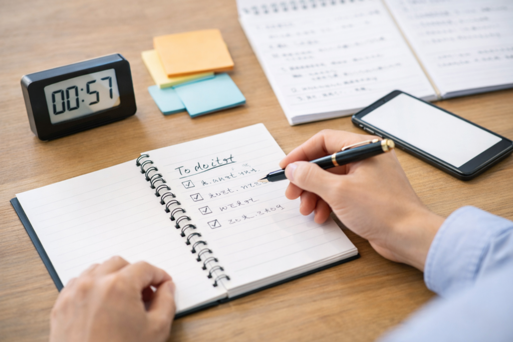 メモ帳とタイマーを使い、短時間で要点を書き出すトレーニングの様子。