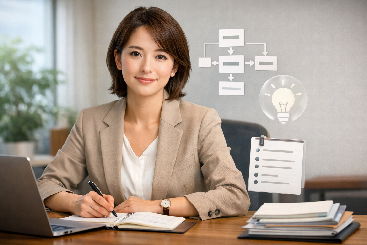 仕事の資料を前に、落ち着いた表情で要点を整理する女性。話をまとめて伝える力の重要性を表すイメージ。