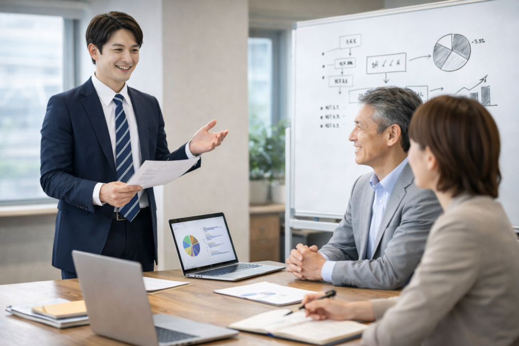 会議の場で、資料をもとに要点を整理して発言するビジネスパーソン。