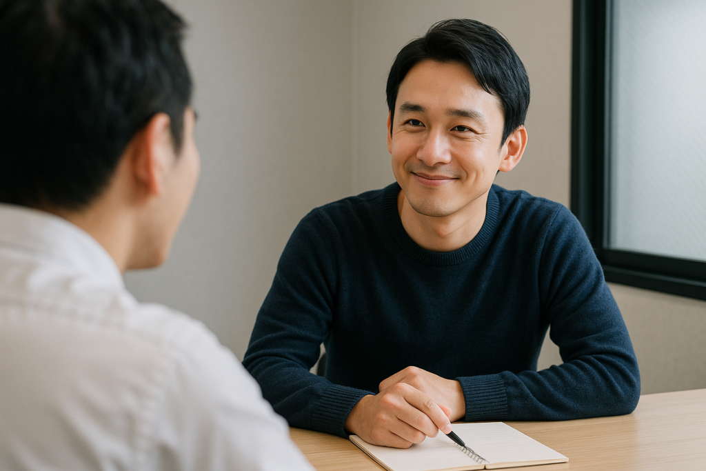 相手の話に笑顔で耳を傾ける日本人男性が、共感を通じて信頼関係を築く傾聴の基本を示す場面