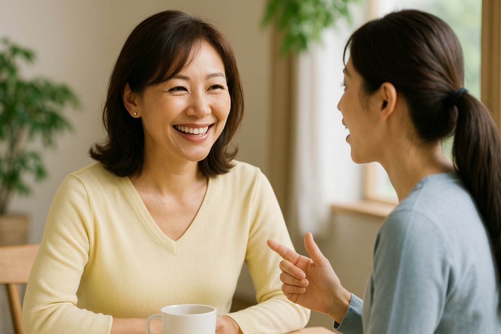 穏やかな表情で向き合う日本人女性二人が、受容・共感・自己一致から成る傾聴の三原則を表現