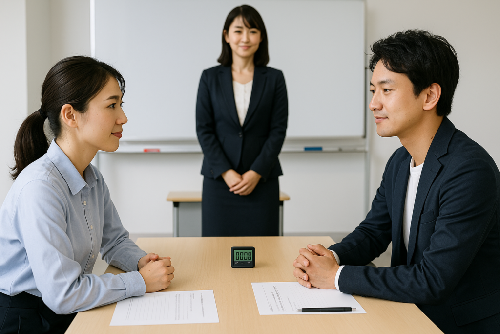 ビジネスの面談シーンで日本人男女が向き合い、傾聴の3つのスタイルと共感の使い分けを示す場面