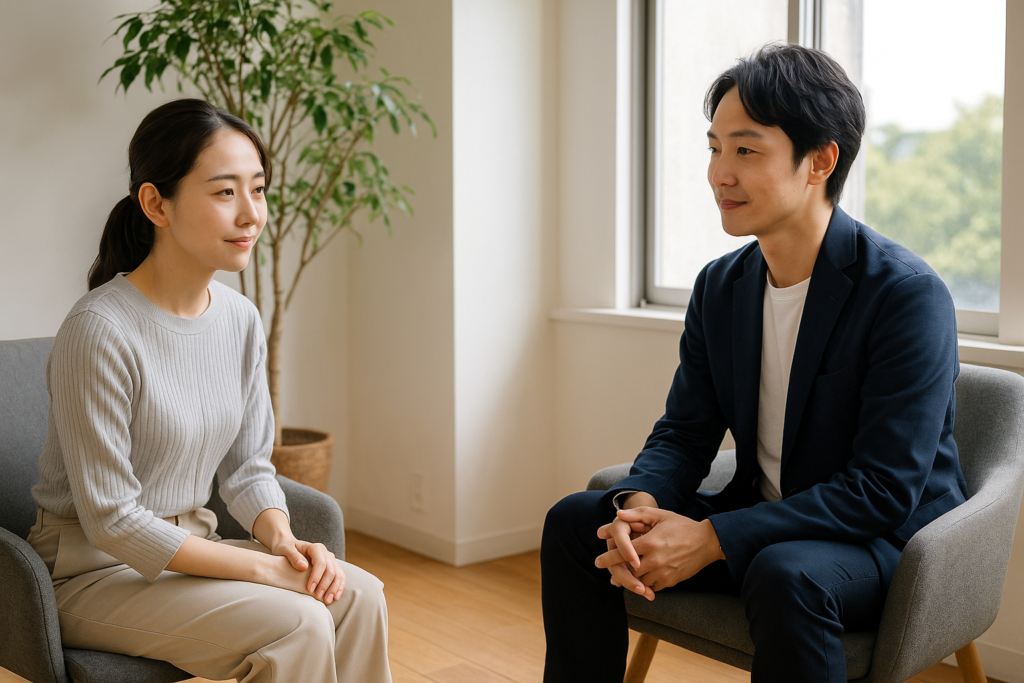 落ち着いた空間で相手に向き合う日本人男女が、傾聴に必要な心構えと共感を生む環境づくりを表す