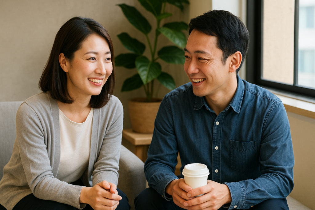 笑顔とうなずきで相手の話を受け止める日本人男女が、共感を伝える傾聴リアクションのコツを表現