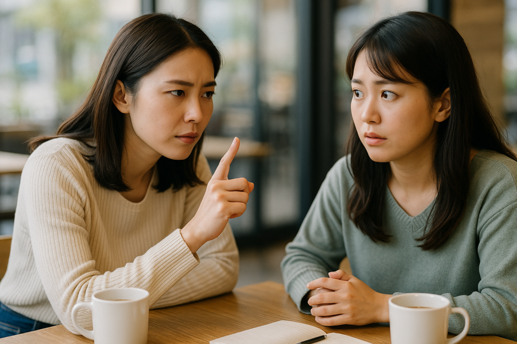 会話中に話を遮りそうになる日本人女性と戸惑う話し手が、傾聴におけるNG対応と改善を示す場面
