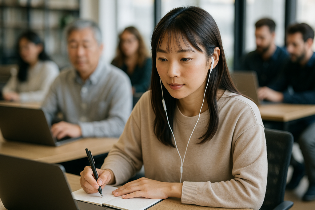 研修の場で話を聴きながらメモを取る日本人女性が、傾聴力と共感力を高めるトレーニングを表す