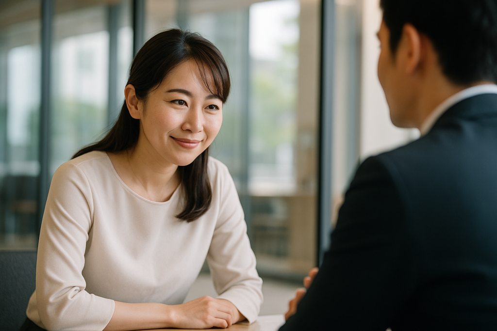 温かな雰囲気の中で話を受け止める日本人女性が、石田式コミュニケーションにおける傾聴と共感の本質を象徴