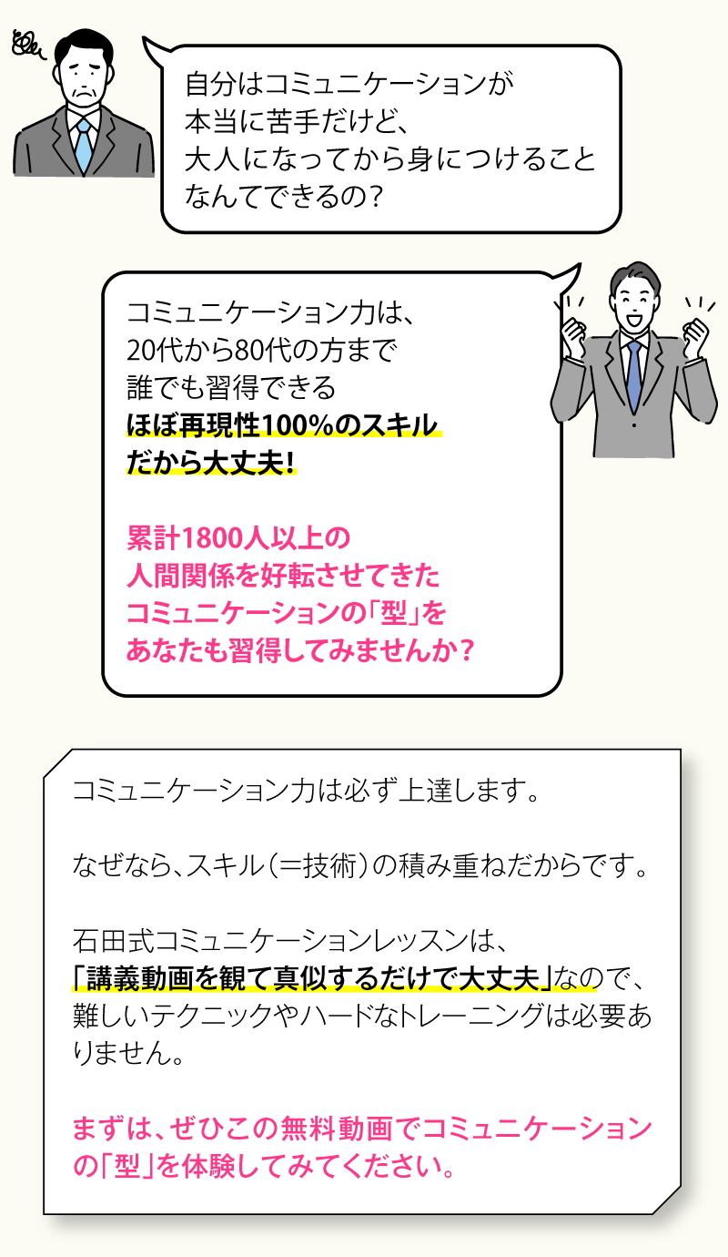 コミュニケーション力は、20代から80代の方まで誰でも習得できるほぼ再現性100％のスキルだから大丈夫！