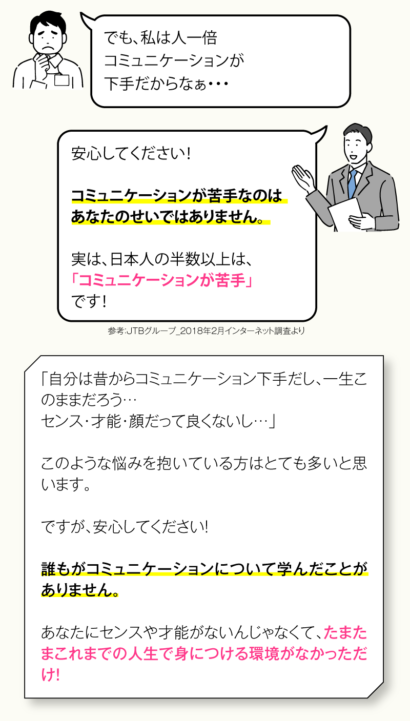 コミュニケーションが苦手なのはあなたのせいではありません。実は、日本人の半数以上は、「コミュニケーションが苦手」です！